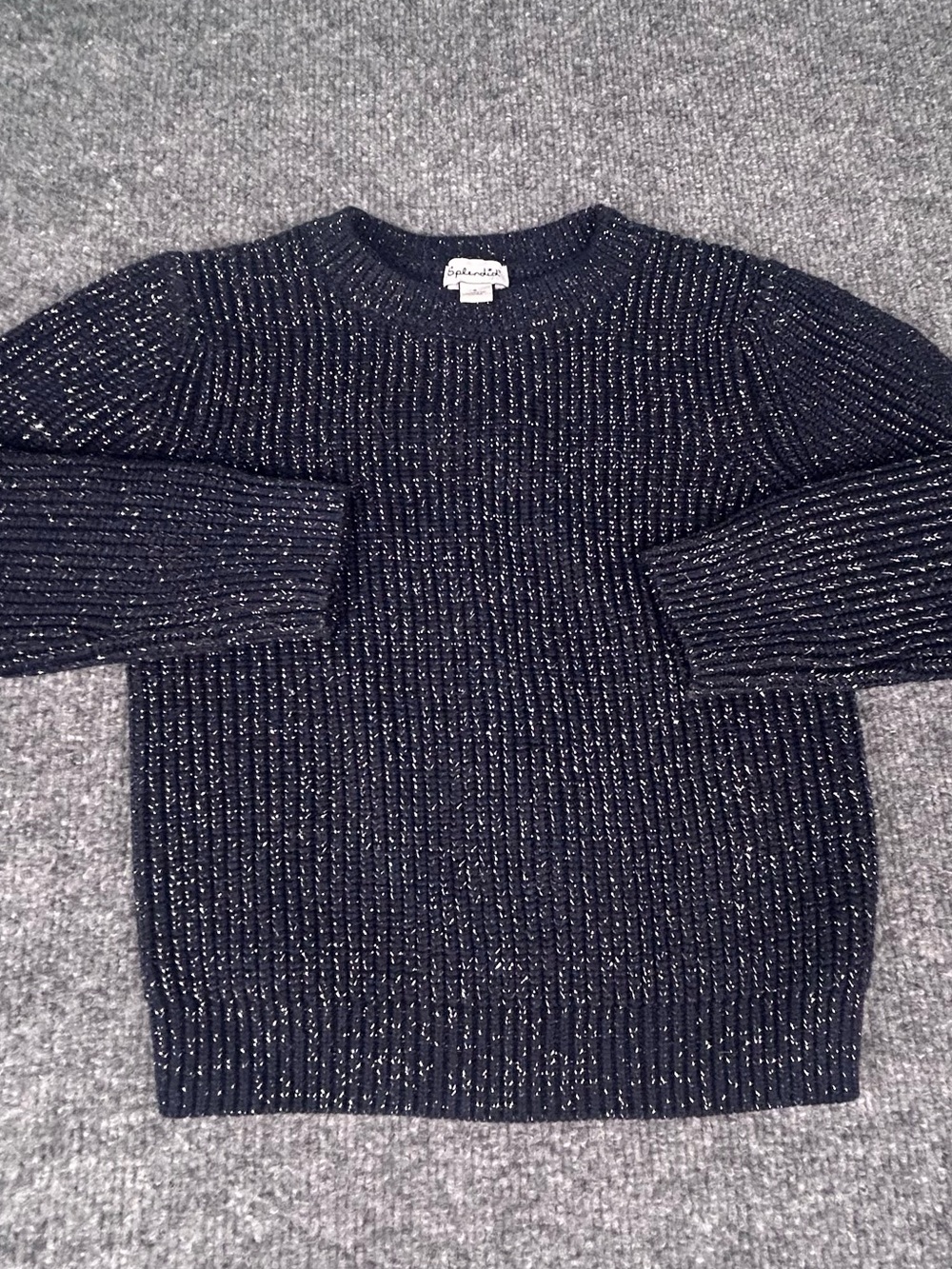 Splendid Navy Blue Silver Metallic Thread Chunky Rib Knit Sweater Girls 6 Winter
